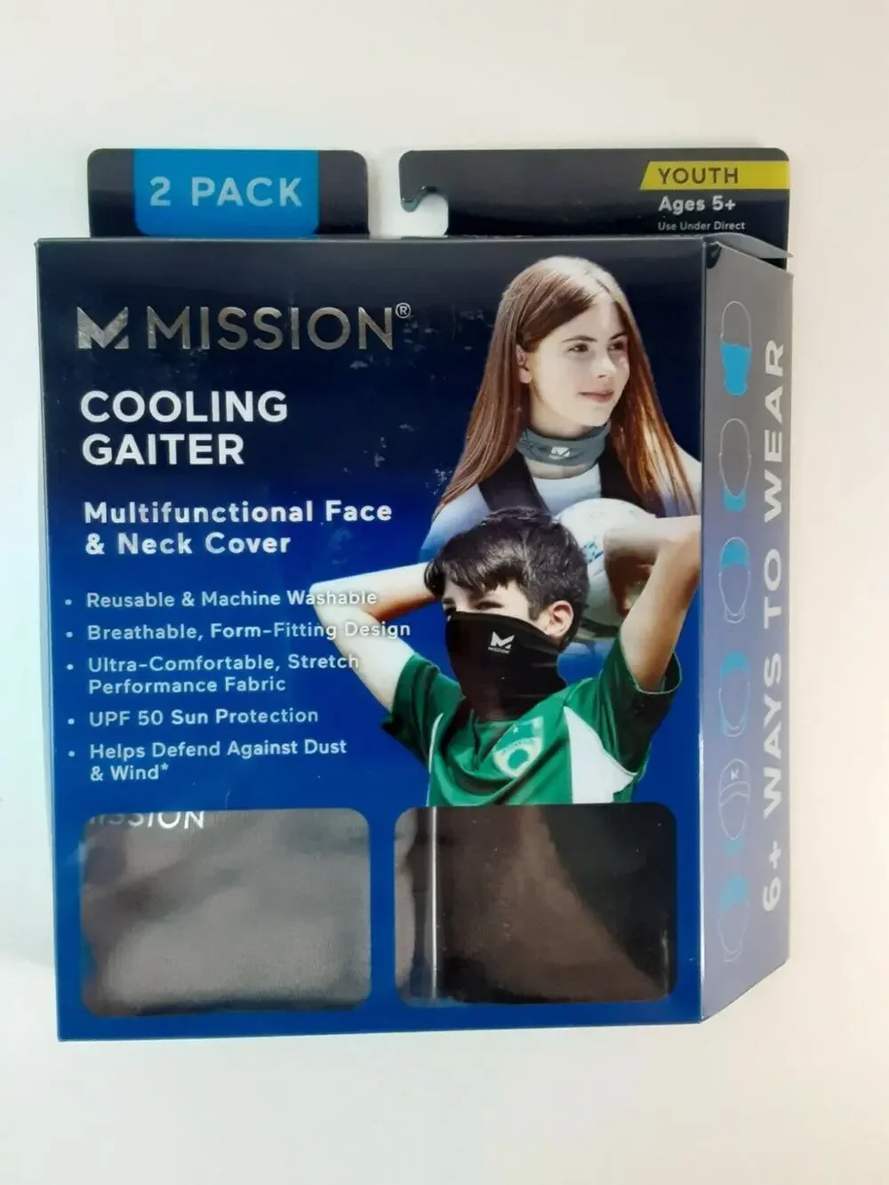 Mission Cooling Gaiter New Multifunctional Face/Neck Cover YOUTH 2 Pack